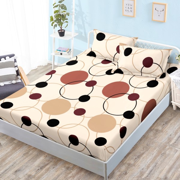Cearsaf cu elastic, Bumbac FINET, 160x200cm, 2 fete de perne 50x70cm, Bej, Maro, Buline, Cercuri [1]