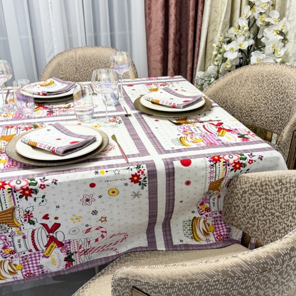 Set Față de Masă din Bumbac Imprimat cu 6 Șervețele – Eleganță și Calitate pentru Mese Perfecte, Alb, Holiday [1]