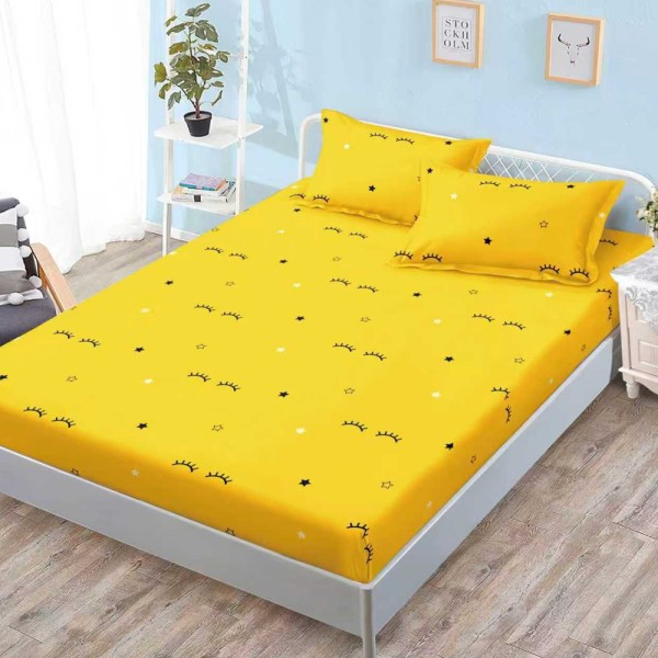 Cearșaf cu Elastic, Bumbac Satinat, 160x200 cm + 2 Fețe de Pernă 50x70 cm, Galben, gene [1]