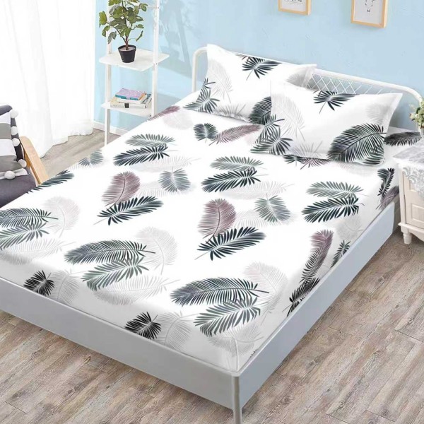 Cearșaf cu Elastic, Bumbac Satinat, 160x200 cm + 2 Fețe de Pernă 50x70 cm, Alb, frunze [1]