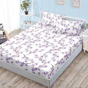 Cearșaf cu Elastic, Bumbac Satinat, 160x200 cm + 2 Fețe de Pernă 50x70 cm, Alb, floricele mov Cearșaf cu Elastic, Bumbac Satinat, 160x200 cm + 2 Fețe de Pernă 50x70 cm, Alb, floricele mov