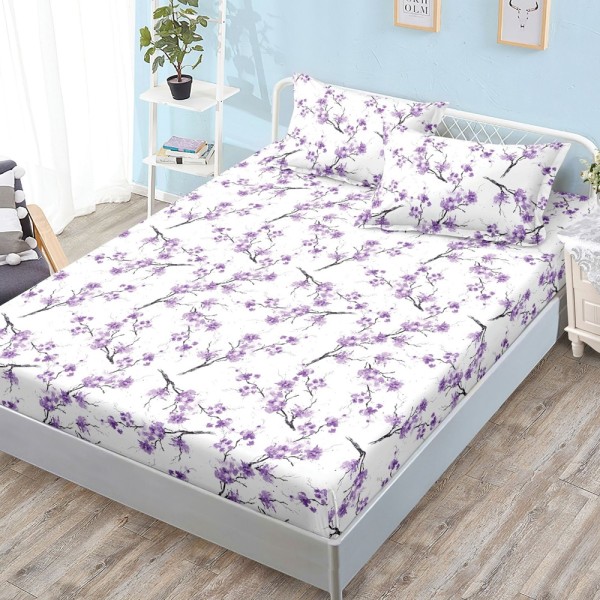 Cearșaf cu Elastic, Bumbac Satinat, 160x200 cm + 2 Fețe de Pernă 50x70 cm, Alb, floricele mov [1]