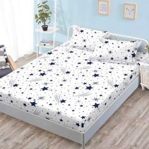 Cearșaf cu Elastic, Bumbac Satinat, 160x200 cm + 2 Fețe de Pernă 50x70 cm, Alb, stelute albastre Cearșaf cu Elastic, Bumbac Satinat, 160x200 cm + 2 Fețe de Pernă 50x70 cm, Alb, stelute albastre