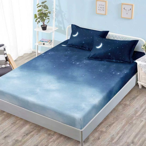 Cearșaf cu Elastic, Bumbac Satinat, 160x200 cm + 2 Fețe de Pernă 50x70 cm, Albastru degrade, stelute [1]