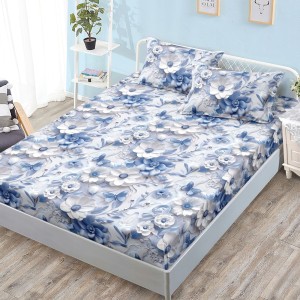 Cearșaf cu Elastic, Bumbac Satinat, 160x200 cm + 2 Fețe de Pernă 50x70 cm, Albastru, floricele Cearșaf cu Elastic, Bumbac Satinat, 160x200 cm + 2 Fețe de Pernă 50x70 cm, Albastru, floricele