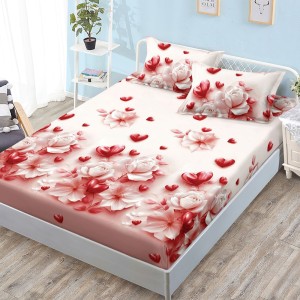 Cearșaf cu Elastic, Bumbac Satinat, 160x200 cm + 2 Fețe de Pernă 50x70 cm, Rosu Corai, inimioare si flori Cearșaf cu Elastic, Bumbac Satinat, 160x200 cm + 2 Fețe de Pernă 50x70 cm, Rosu Corai, inimioare si flori