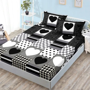 Cearșaf cu Elastic, Bumbac Satinat, 160x200 cm + 2 Fețe de Pernă 50x70 cm, Alb, Negru, inimioare Cearșaf cu Elastic, Bumbac Satinat, 160x200 cm + 2 Fețe de Pernă 50x70 cm, Alb, Negru, inimioare