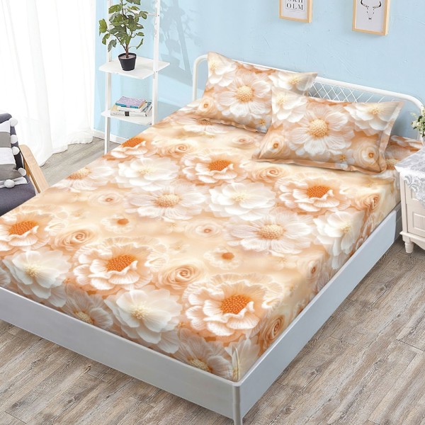 Cearșaf cu Elastic, Bumbac Satinat, 160x200 cm + 2 Fețe de Pernă 50x70 cm, Crem, flori [1]
