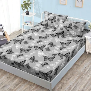 Cearșaf cu Elastic, Bumbac Satinat, 160x200 cm + 2 Fețe de Pernă 50x70 cm, Gri, fluturi Cearșaf cu Elastic, Bumbac Satinat, 160x200 cm + 2 Fețe de Pernă 50x70 cm, Gri, fluturi