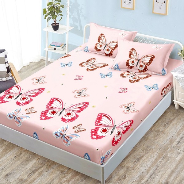 Cearșaf cu Elastic, Bumbac Satinat, 160x200 cm + 2 Fețe de Pernă 50x70 cm, Roz, fluturi [1]