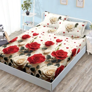 Cearșaf cu Elastic, Bumbac Satinat, 160x200 cm + 2 Fețe de Pernă 50x70 cm, Crem, trandafiri Cearșaf cu Elastic, Bumbac Satinat, 160x200 cm + 2 Fețe de Pernă 50x70 cm, Crem, trandafiri