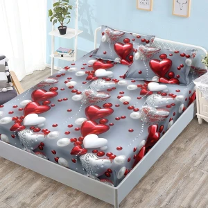 Cearșaf cu Elastic, Bumbac Satinat, 160x200 cm + 2 Fețe de Pernă 50x70 cm, Gri, inimioare Cearșaf cu Elastic, Bumbac Satinat, 160x200 cm + 2 Fețe de Pernă 50x70 cm, Gri, inimioare