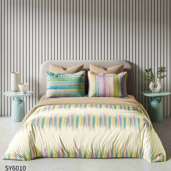 Lenjerie pat dublu,  FINET, Imprimeu Digital, cu ELASTIC, Crem, Bej, Dungi Colorate [1]