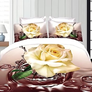 Lenjerie pat dublu, cearsaf clasic, imprimeu 3D, Bej, flori