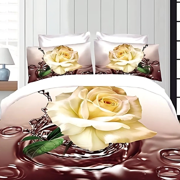 Lenjerie pat dublu (140x200cm, 160x200cm, 180x200cm), cearsaf clasic, imprimeu 3D, Bej, flori [1]