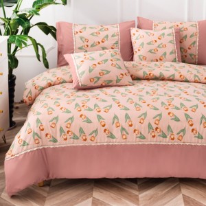 Lenjerie Pat Dublu, Finet Satinat, CEARSAF CU ELASTIC, 6 piese, Somon, Flori Lenjerie Pat Dublu, Finet Satinat, CEARSAF CU ELASTIC, 6 piese, Somon, Flori