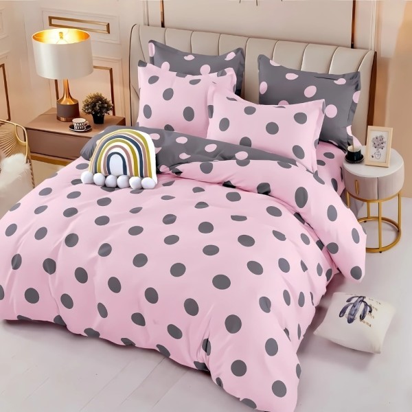 Lenjerie pat dublu, FINET, 6 piese, cu ELASTIC, Jojo Home,Roz, Gri, Buline [1]