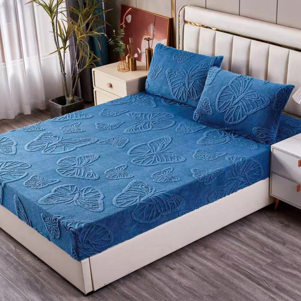 Cearșaf Cocolino 180/200 cm – Elastic 360°,  + 2 Fete Perna, Model Fluturi 3D, Moale și Călduros, Bleu [1]