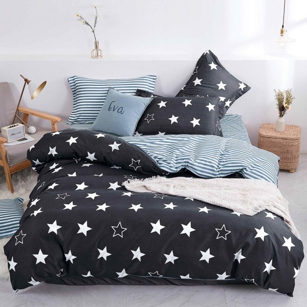 Lenjerie pat dublu cu Elastic (160x200cm si 180x200cm), bumbac satinat, Negru, stelute [1]