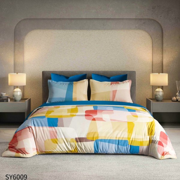 Lenjerie pat dublu,  FINET, Imprimeu Digital, cu ELASTIC, Galben, Bleu, Roz, Forme Geometrice [1]