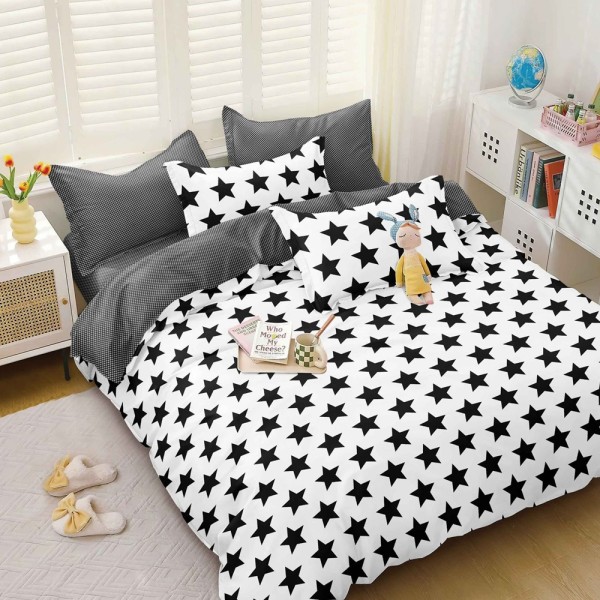Lenjerie pat dublu (140x200cm, 160x200cm, 180x200cm), bumbac satinat, cearsaf clasic, 4 piese,  Alb, Negru, stelute [1]