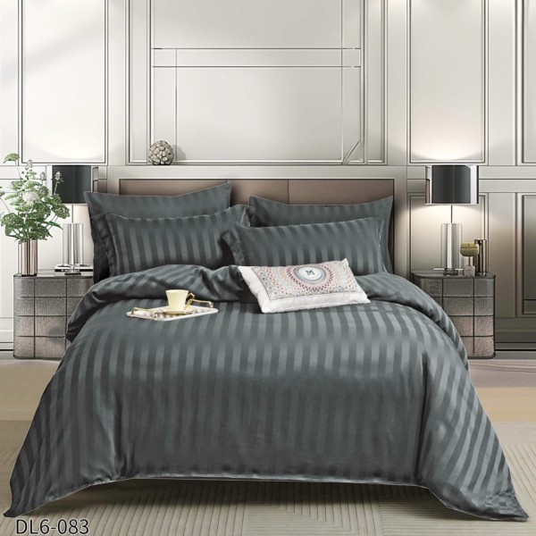 Lenjerie HoReCa, pat dublu, tip Damasc Finetat Deluxe cu Elastic, 6 piese, Gri inchis [1]