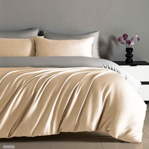 Lenjerie de Pat din Satin Extra Fin, Pat Dublu, 4 Piese, cu ELASTIC, Bicolor, Bej – Rafinament și Lux la Superlativ [1]