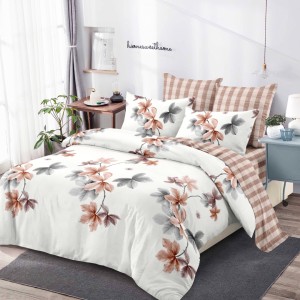 Lenjerie pat dublu,  FINET, cu elastic, 6 piese, Crem, Maro, Flori