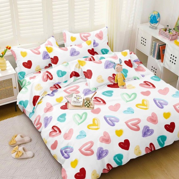 Lenjerie pat dublu cu Elastic (160x200cm si 180x200cm), bumbac satinat, alb, inimioare [1]