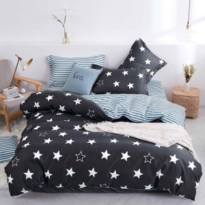 Lenjerie pat dublu (140x200cm, 160x200cm, 180x200cm), bumbac satinat, cearsaf clasic, 4 piese,  Gri, stelute Lenjerie pat dublu (140x200cm, 160x200cm, 180x200cm), bumbac satinat, cearsaf clasic, 4 piese,  Gri, stelute