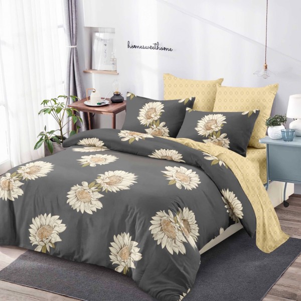 Lenjerie pat dublu,  FINET, cu elastic, 6 piese, Gri, Bej, Flori [1]