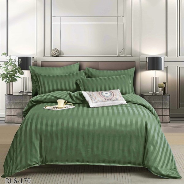 Lenjerie HoReCa, pat dublu, tip Damasc Finetat Deluxe cu Elastic, 6 piese, Verde Olive [1]