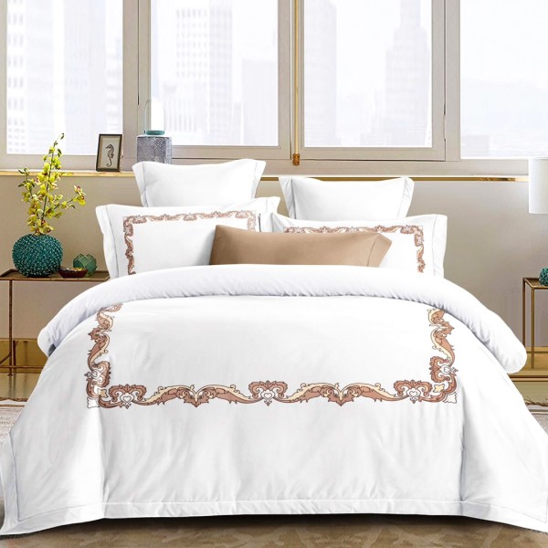 Lenjerie pat dublu, Primăvara,  FINET, Cearsaf cu Elastic 180x200cm, 4 piese, Alb, Maro, model elegant clasic - Lux Absolut, Delicatețe și Eleganță Desăvârșită [1]
