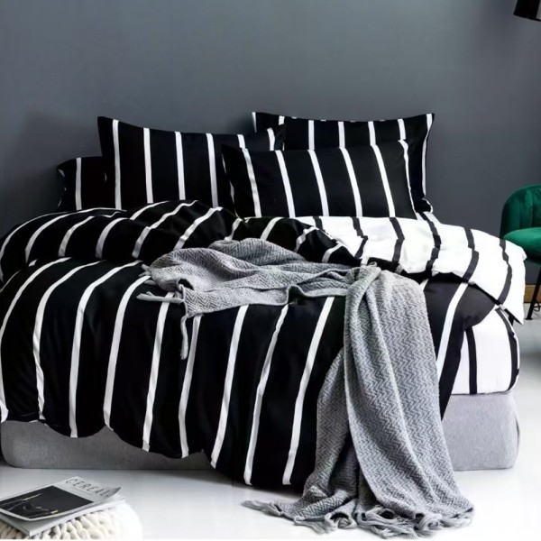 Lenjerie pat dublu cu Elastic (160x200cm si 180x200cm), bumbac satinat, Alb, Negru, dungi [1]