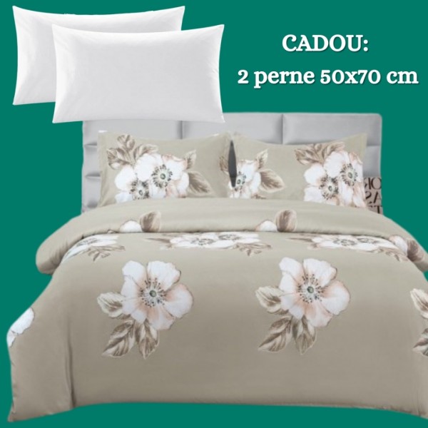 Lenjerie de Pat 4 Piese din Bumbac Satinat cu Cearsaf cu Elastic + 2 Perne Cadou 50x70 cm, cod INS-LSG155 [1]