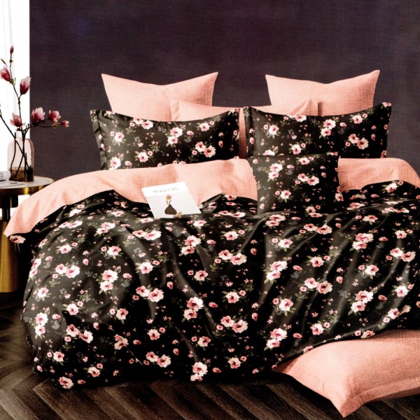 Lenjerie pat dublu, bumbac satinat, cu doua feţe, 4 piese,  Negru, Roz, Flori [1]