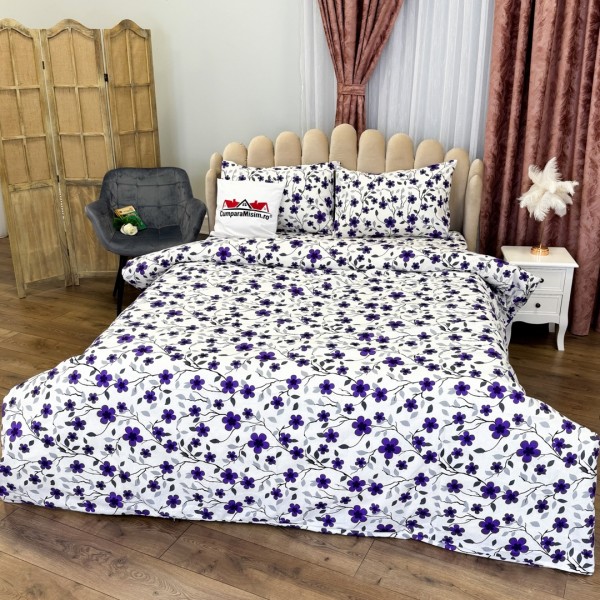 Lenjerie de Pat Dublu, Policoton Ranforsat, 4 piese, Atelier Cumparamisim, Alb, Mov, Floricele [1]