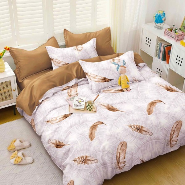 Lenjerie pat dublu cu Elastic (160x200cm si 180x200cm), bumbac satinat, Maro, Pene [1]