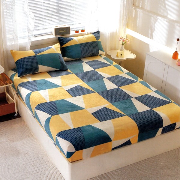 Cearsaf cu Elastic Cocolino 180x200cm si 2 fete de perna 50x70cm, Galben, Verde, Bleumarin, Forme Geometrice [1]