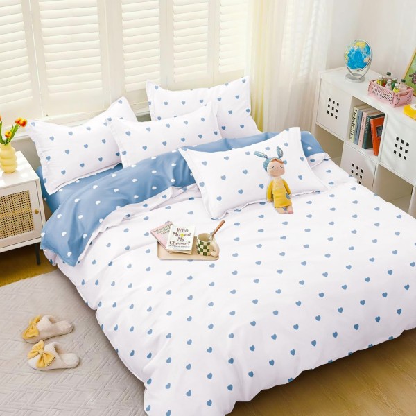 Lenjerie pat dublu cu Elastic (160x200cm si 180x200cm), bumbac satinat, alb, bleu, inimioare [1]