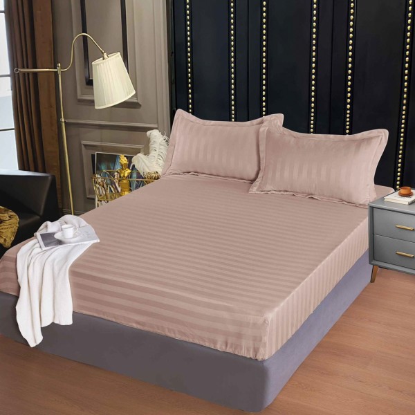 Cearsaf cu Elastic 160x200 cm – Damasc Finetat, 70% Bumbac, 2 Fete de Perna 55x80 cm, Bej – Confort Premium si Fixare Perfecta [1]