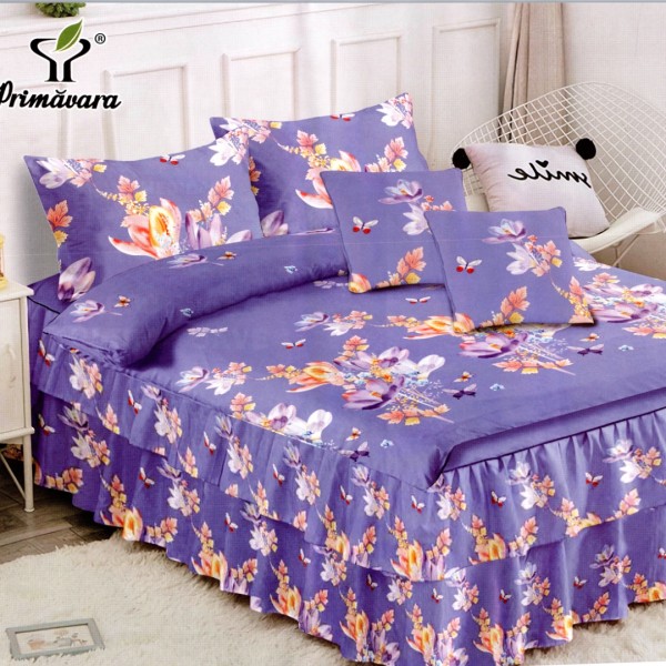 Lenjerie Premium Pat Dublu  FINET, 6 Piese – Volanase Sofisticate, Fixare Perfecta cu Elastic, Mov, Flori [1]