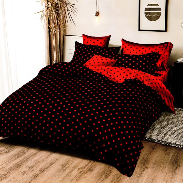 Lenjerie pat dublu, bumbac satinat, cu doua feţe, 4 piese,  Negru, Rosu, Buline [1]