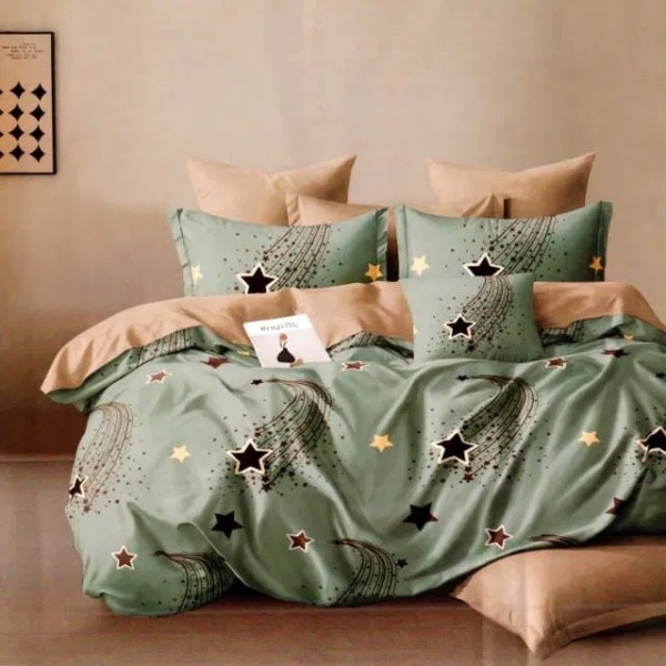 Lenjerie pat dublu, bumbac satinat, cu doua feţe, 4 piese,  Verde, Bej, stelute [1]
