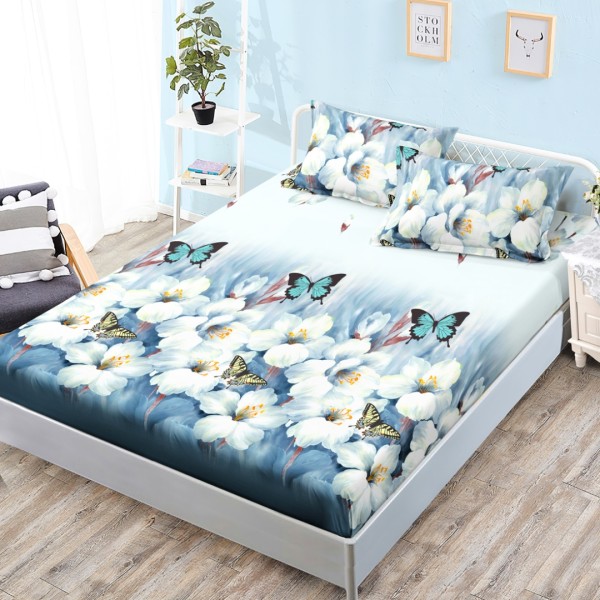 Cearsaf cu elastic, Bumbac FINET, 160x200cm, 2 fete de perne 50x70cm, Bleu, Flori, Fluturi [1]