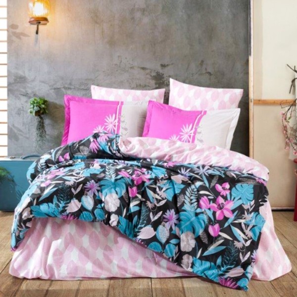 Lenjerie Pat Dublu, Bumbac 100% Poplin, 4 piese, Hobby Monstera – Fucsya [1]