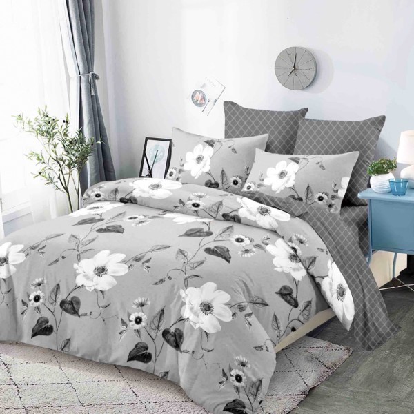 Lenjerie pat dublu,  FINET, cu elastic, 6 piese, Gri, Flori [1]