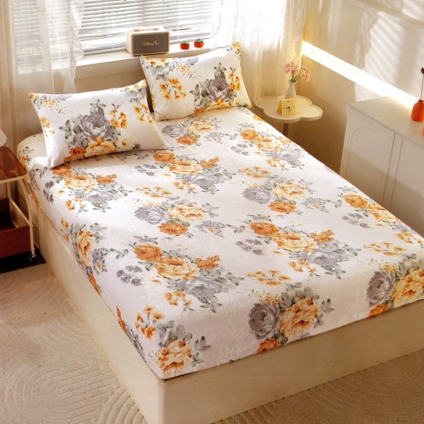 Cearsaf cu Elastic Cocolino 180x200cm si 2 fete de perna 50x70cm, Crem, Flori [1]