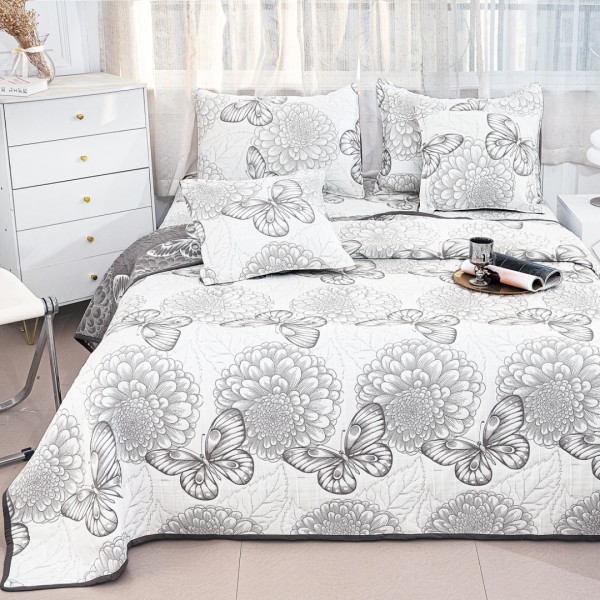 Cuvertura Pat Dublu, Bumbac cu In, Model Brodat Direct în Tesatura, 230x250 cm, 2 fete de perna 52x72cm, 2 fete de perna 46x46cm, Alb, Gri, Flori, Fluturi [1]