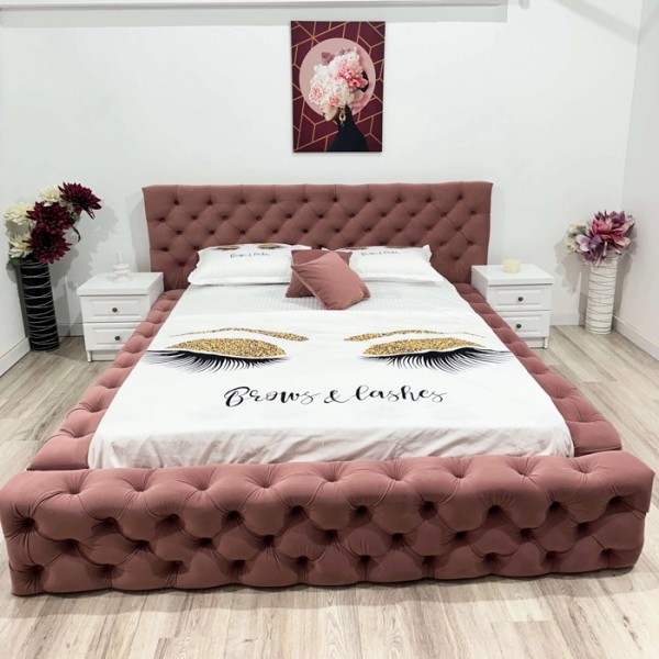 Pat Matrimonial, Tapițat stil Chesterfield, pentru saltea de 160x200cm,  cu Lada de Depozitare, Roz Prafuit - model GOLD - cu Somiera Rabatabila [1]
